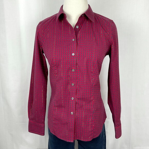 Talbots Red Check Shirt Sz 2P Wrinkle Resistant Shimmering Button Front Holiday - Picture 1 of 6